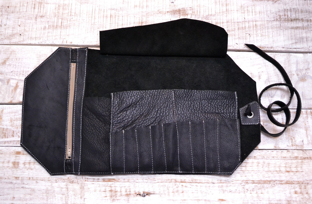 Leather Artist Roll with Zipper Pouch, Personalized Leather Pencil Roll - OakPo Paper Co.