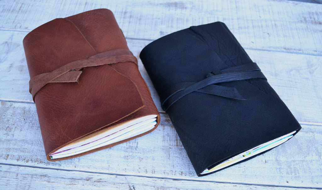 5x7 Brown Leather Journal, Hand-Marbled cover notebooks, Distressed Leather Notebook. Personalized journal - OakPo Paper Co.