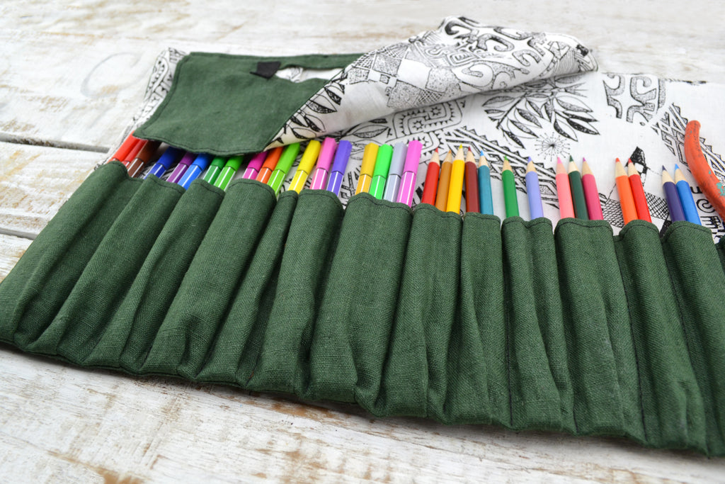 Green Artist Roll, Pencil Holder, Pencil Roll Case, Personalized Pencil Roll - OakPo Paper Co.
