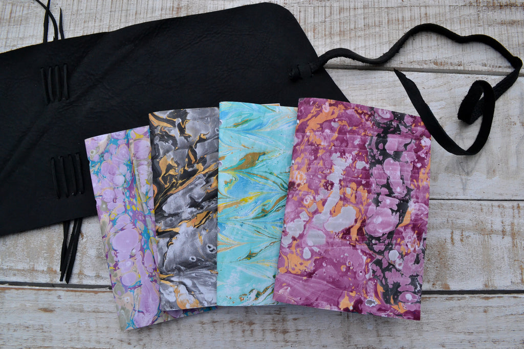 5x7 Leather Journal, Hand-Marbled cover notebooks, Black Distressed Leather Notebook. Pocket Leather Journal, Personalized - OakPo Paper Co.