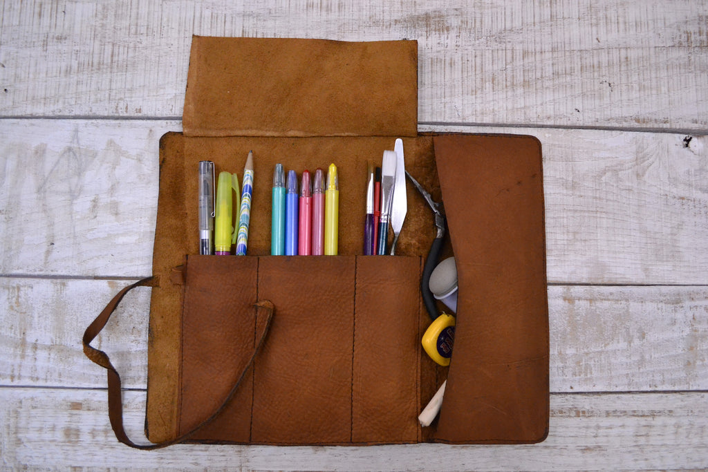 Brown leather roll, leather pencil roll, leather tool roll case - OakPo Paper Co.