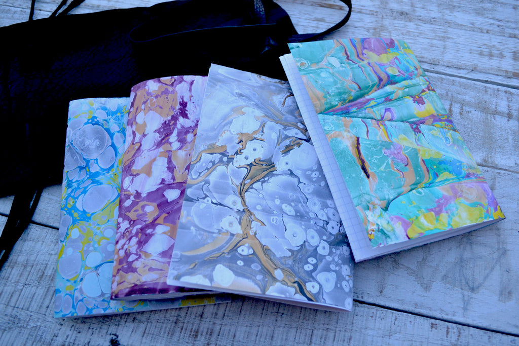 5x7 Leather Journal, Hand-Marbled cover notebooks, Black Distressed Leather Notebook. Pocket Leather Journal, Personalized - OakPo Paper Co.