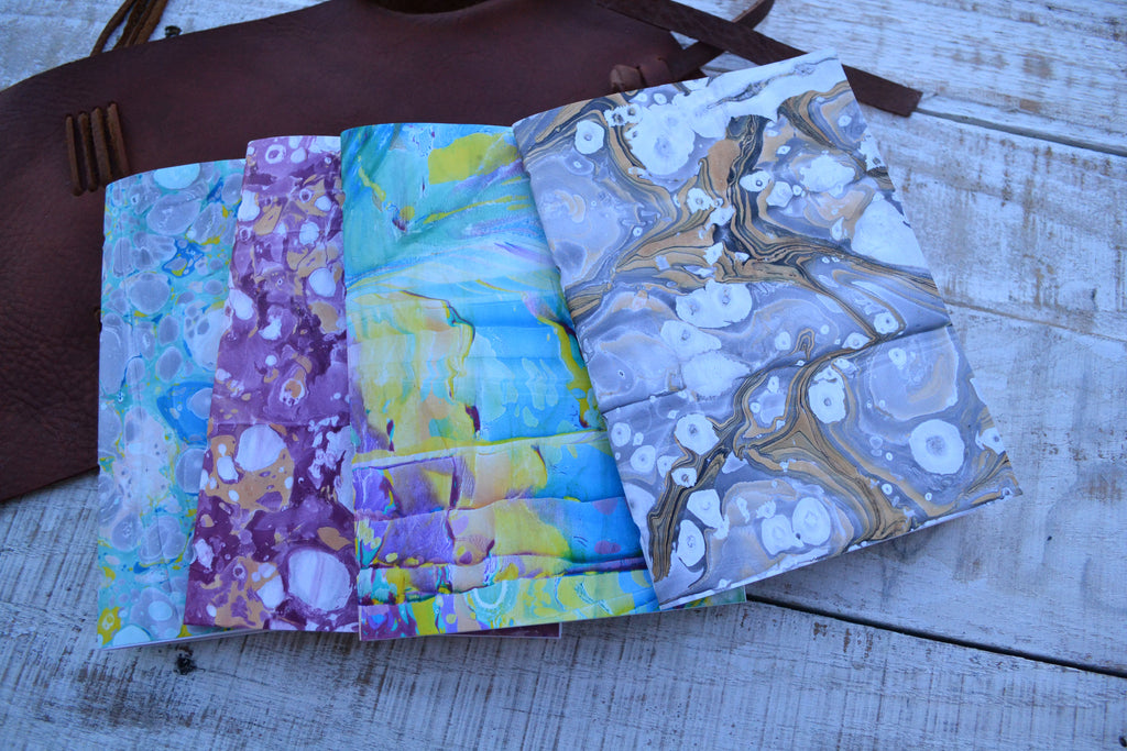 5x7 Brown Leather Journal, Hand-Marbled cover notebooks, Distressed Leather Notebook. Personalized journal - OakPo Paper Co.