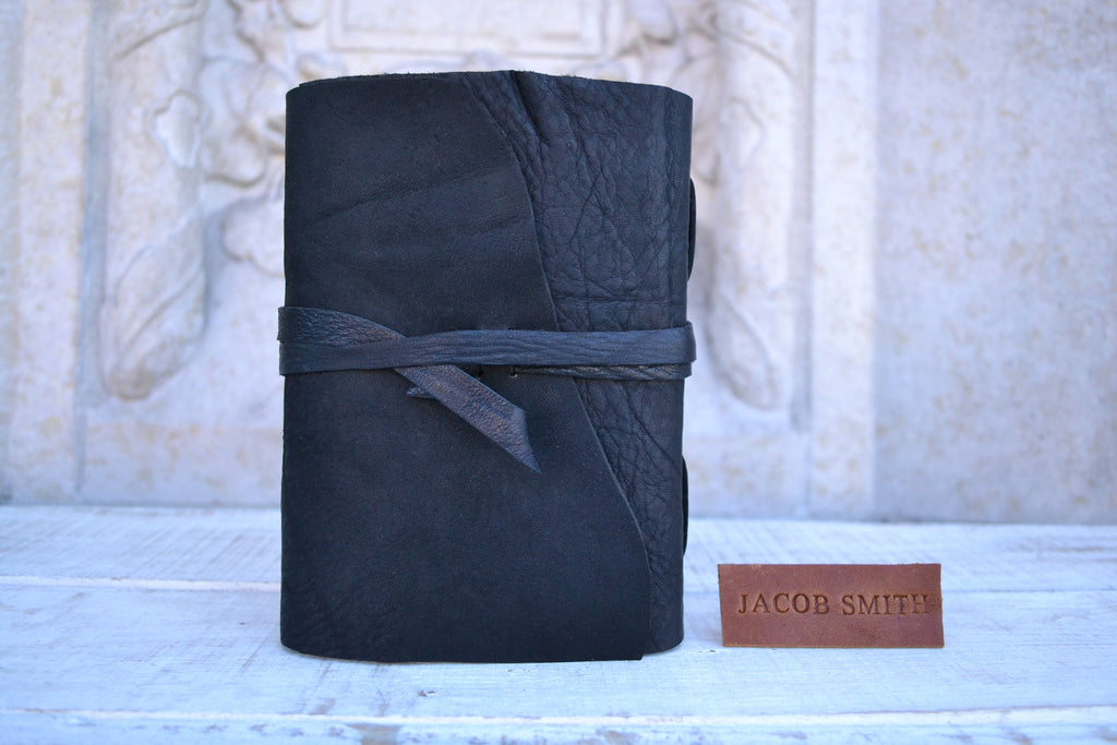 5x7 Leather Journal, Hand-Marbled cover notebooks, Black Distressed Leather Notebook. Pocket Leather Journal, Personalized - OakPo Paper Co.