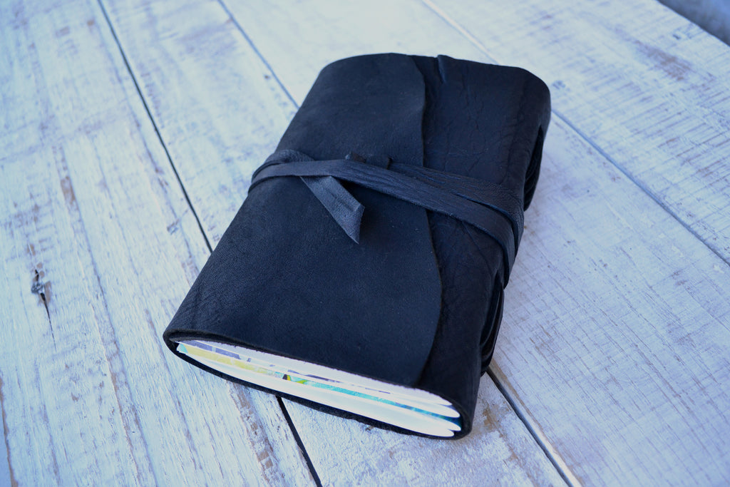 5x7 Leather Journal, Hand-Marbled cover notebooks, Black Distressed Leather Notebook. Pocket Leather Journal, Personalized - OakPo Paper Co.