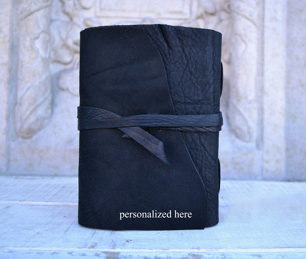5x7 Leather Journal, Hand-Marbled cover notebooks, Black Distressed Leather Notebook. Pocket Leather Journal, Personalized - OakPo Paper Co.
