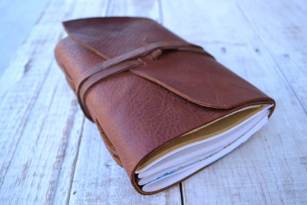 5x7 Brown Leather Journal, Hand-Marbled cover notebooks, Distressed Leather Notebook. Personalized journal - OakPo Paper Co.