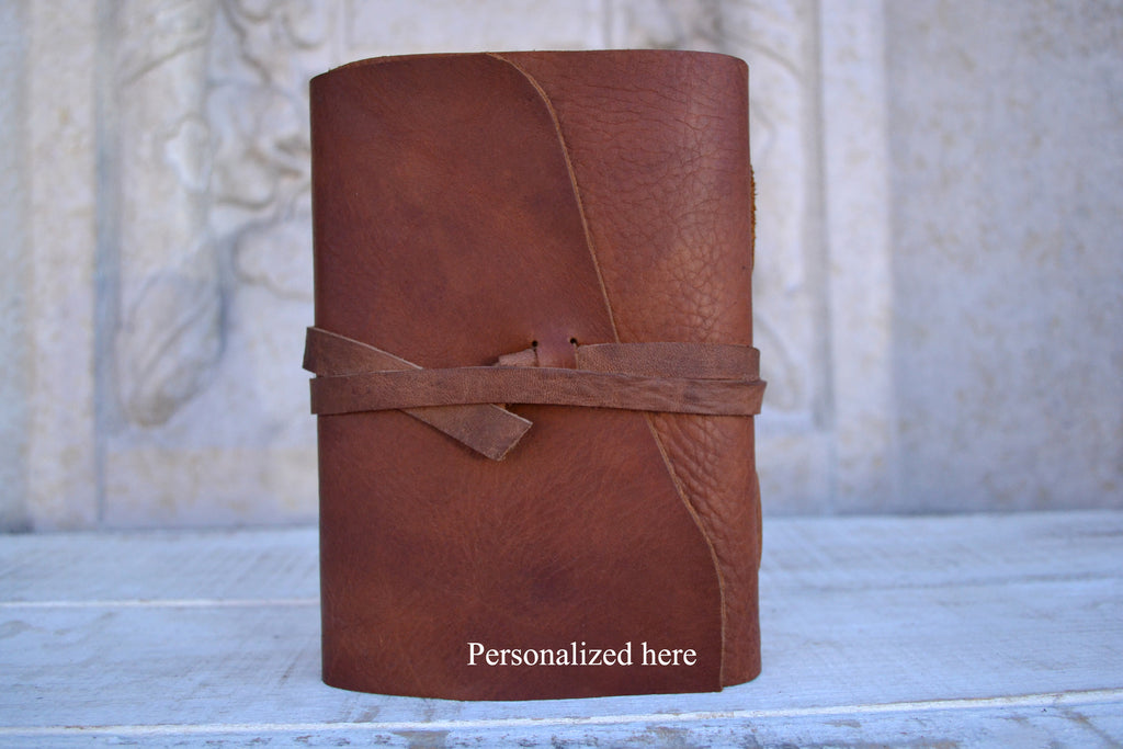 5x7 Brown Leather Journal, Hand-Marbled cover notebooks, Distressed Leather Notebook. Personalized journal - OakPo Paper Co.