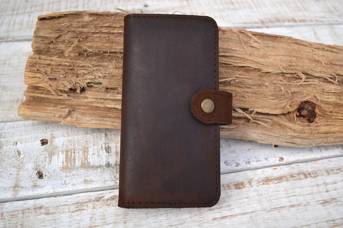 Dark Brown leather iPhone 6 plus Wallet Case - OakPo Paper Co.