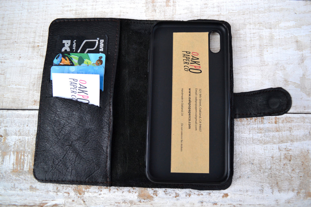 Black leather iPhone XS Max wallet case - OakPo Paper Co.