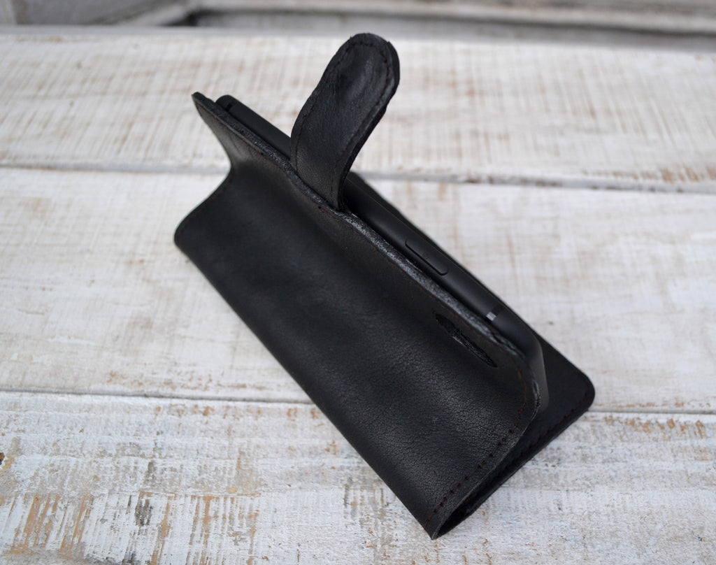 Black leather iPhone XS Max wallet case - OakPo Paper Co.