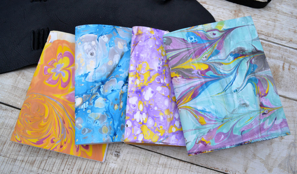 Hand-Marbled cover notebooks, Black Distressed Leather Notebook, Personalized notebook - OakPo Paper Co.