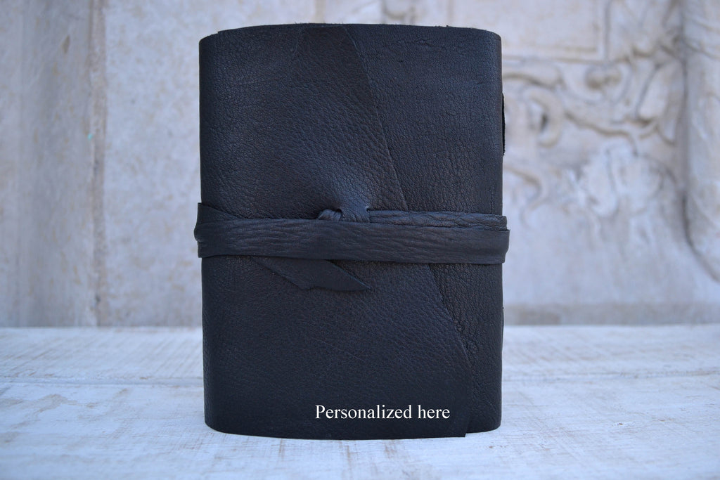 Hand-Marbled cover notebooks, Black Distressed Leather Notebook, Personalized notebook - OakPo Paper Co.