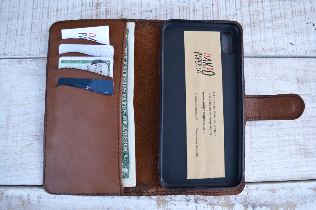 Leather iPhone XS Max wallet case, iPhone case, iPhone cover, Handmade iPhone case - OakPo Paper Co.