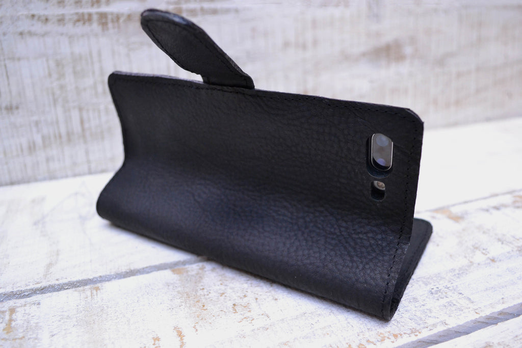 Black leather iPhone 8 plus / 7 plus wallet case - OakPo Paper Co.