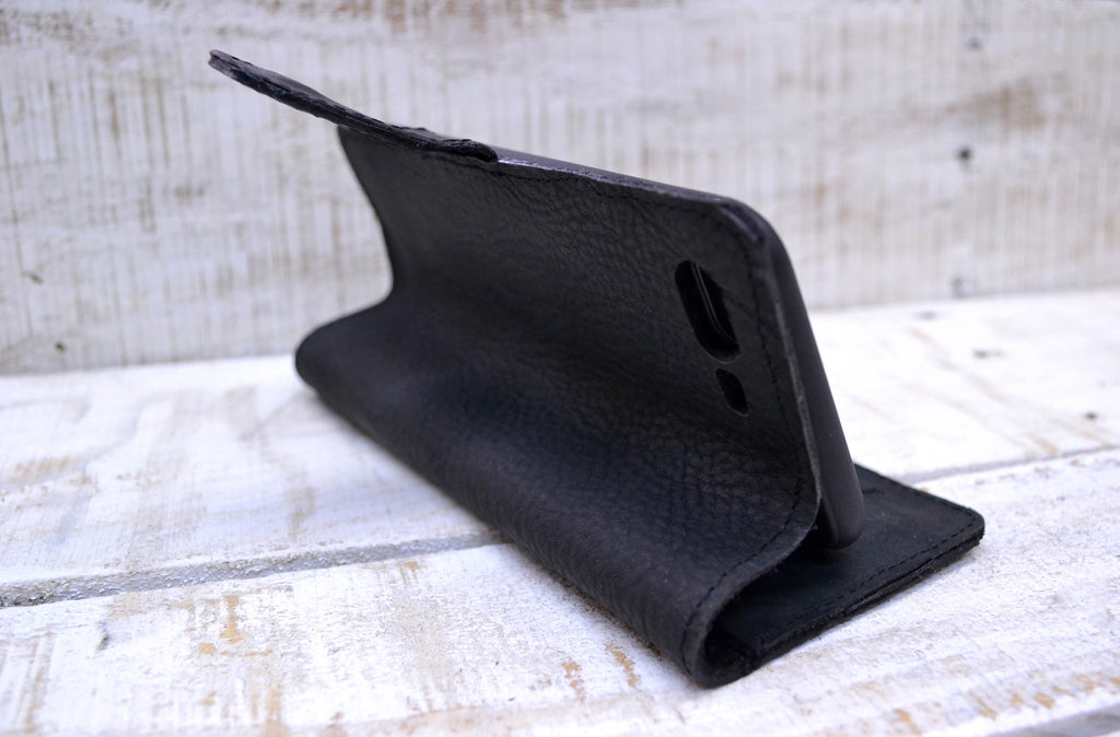 Black leather iPhone 8 plus / 7 plus wallet case - OakPo Paper Co.