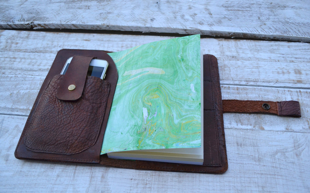 5.75''x9'' Leather Pocket Journal, Hand-stitching blank notebook and one book mark, Personalized Leather Journal - OakPo Paper Co.
