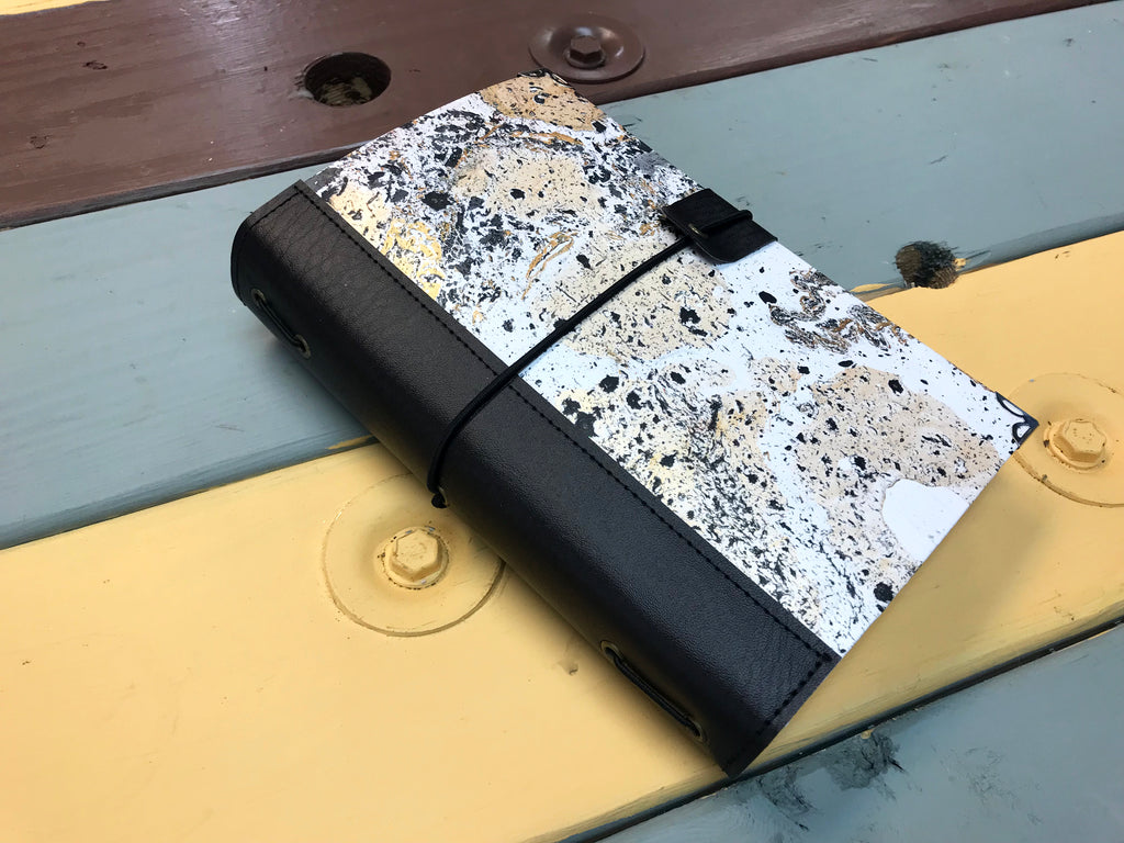 Hand marbled traveler's notebook. with 3 insert notebooks and 1 smaller passport notebook - OakPo Paper Co.