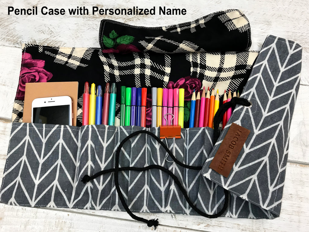 Gray Personalized Pencil Roll, Pencil Roll Case