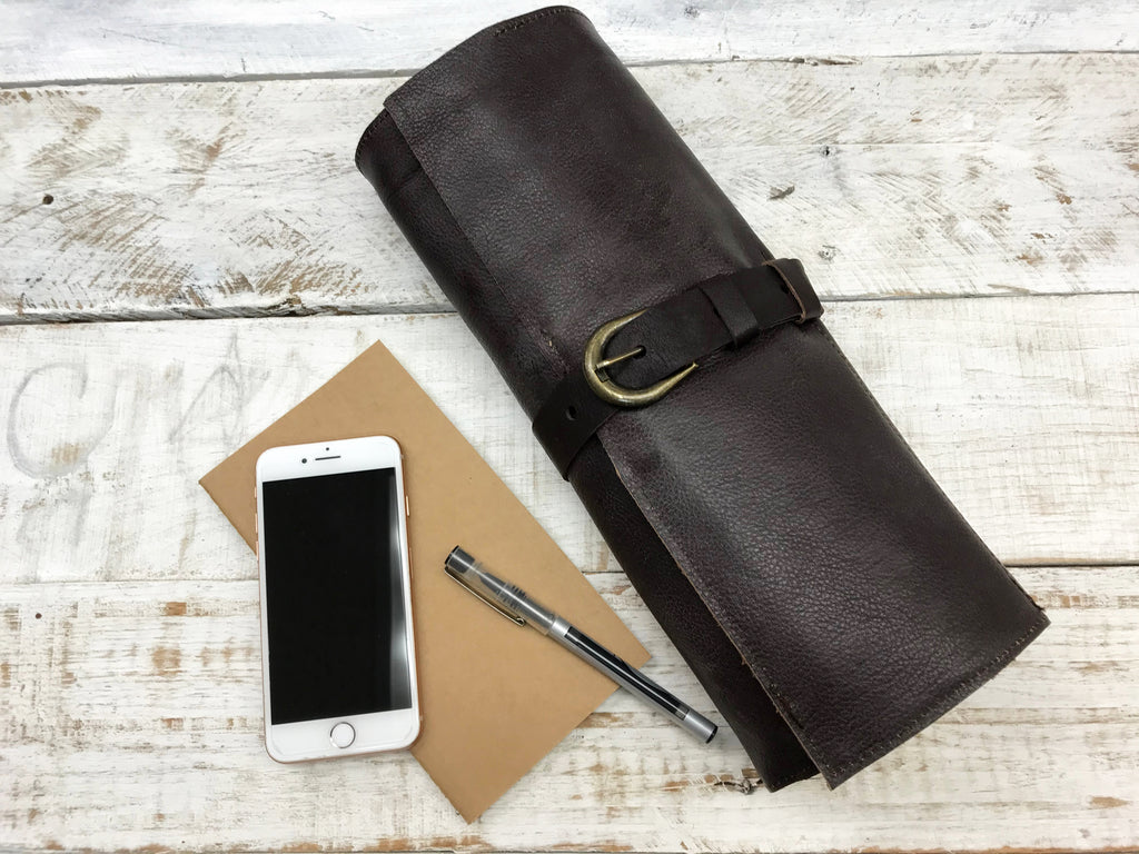 Personalized Leather Pencil Roll with Zipper Pouch