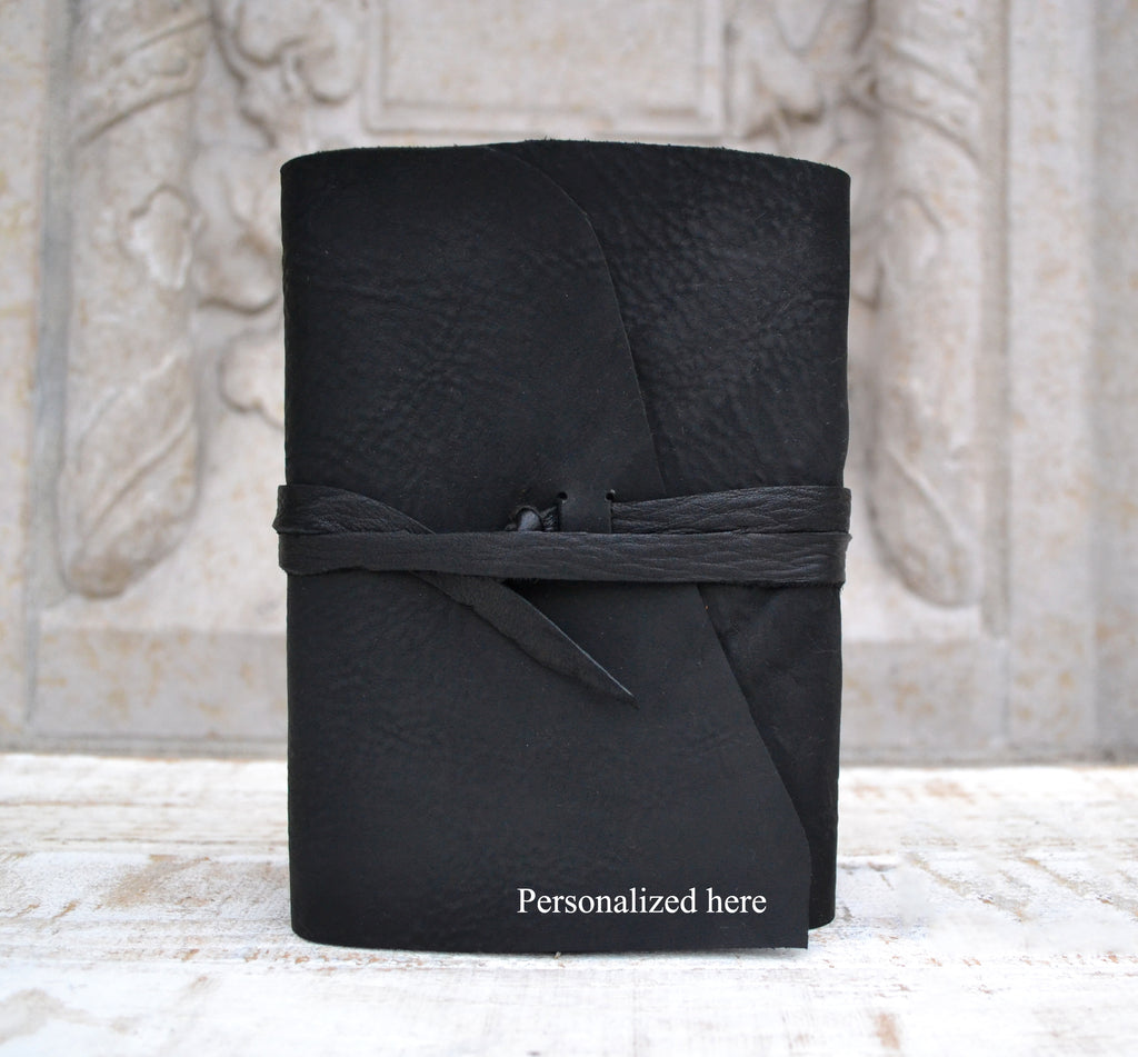 5x7 Leather Journal, Hand-Marbled cover notebooks, Black Distressed Leather Notebook. Pocket Leather Journal, Personalized - OakPo Paper Co.