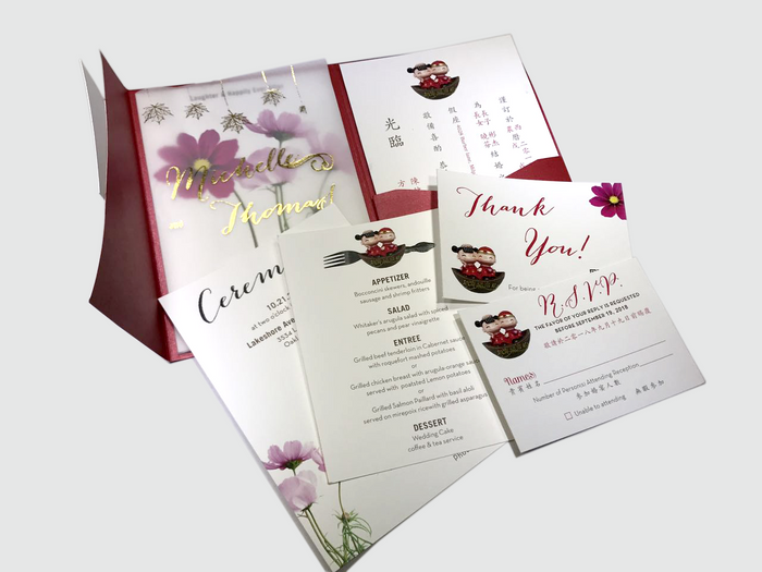 Cosmos Flower with Lovely Dolls Wedding  Invitation Card - # C ( 07 ) - OakPo Paper Co.