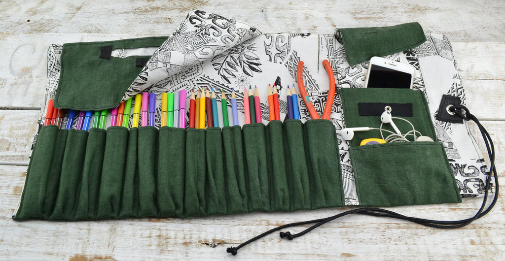Green Artist Roll, Pencil Holder, Pencil Roll Case, Personalized Pencil Roll - OakPo Paper Co.
