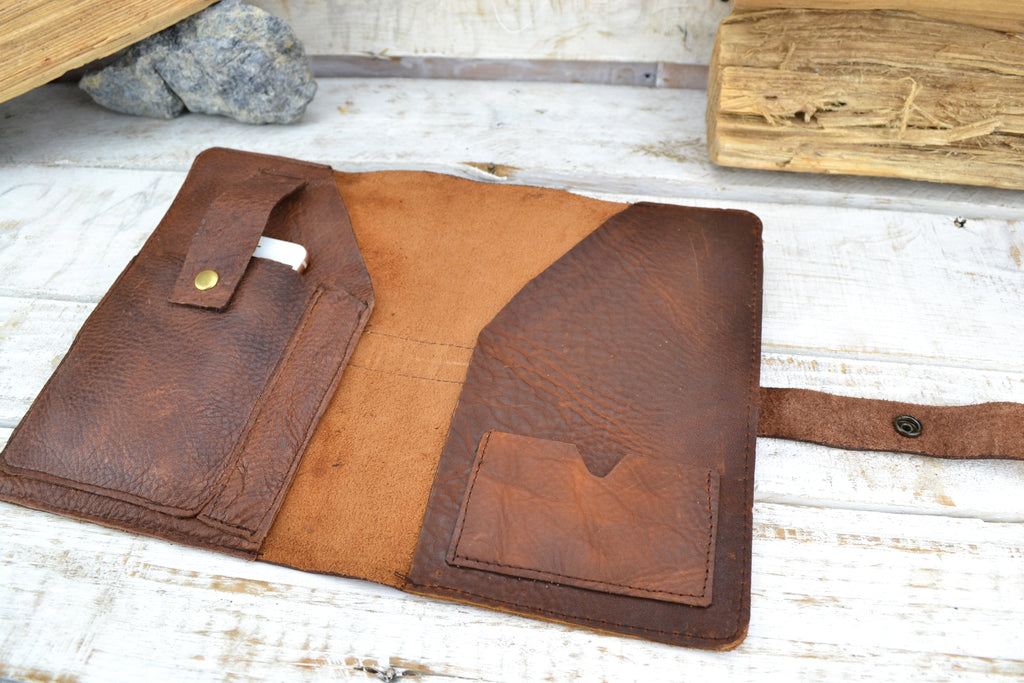 Brown Leather Journal, Blank insert notebook and one book mark, Personalized leather journal - OakPo Paper Co.