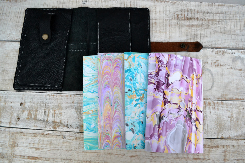 Leather Pocket Journal,  4 marbled cover notebooks - OakPo Paper Co.