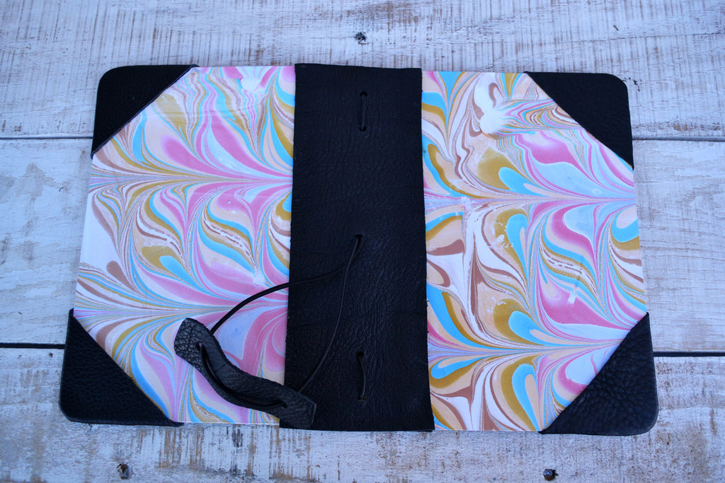 4 marbled notebooks inside and leather bound journal - OakPo Paper Co.
