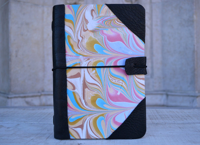 4 marbled notebooks inside and leather bound journal - OakPo Paper Co.