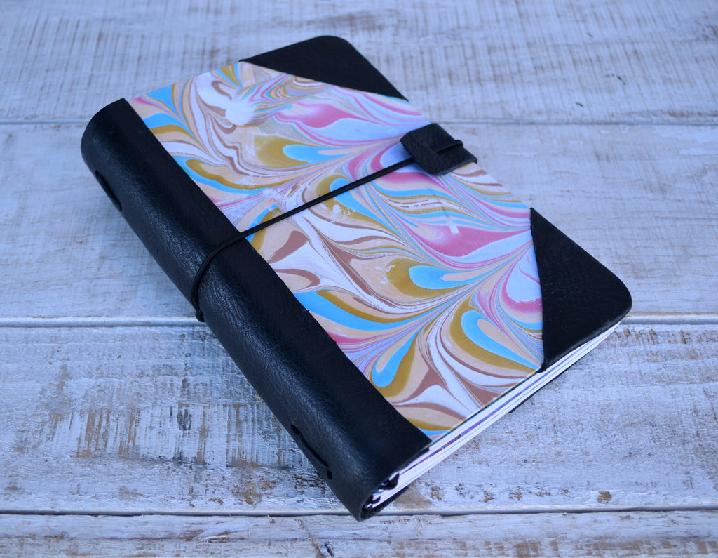 4 marbled notebooks inside and leather bound journal - OakPo Paper Co.