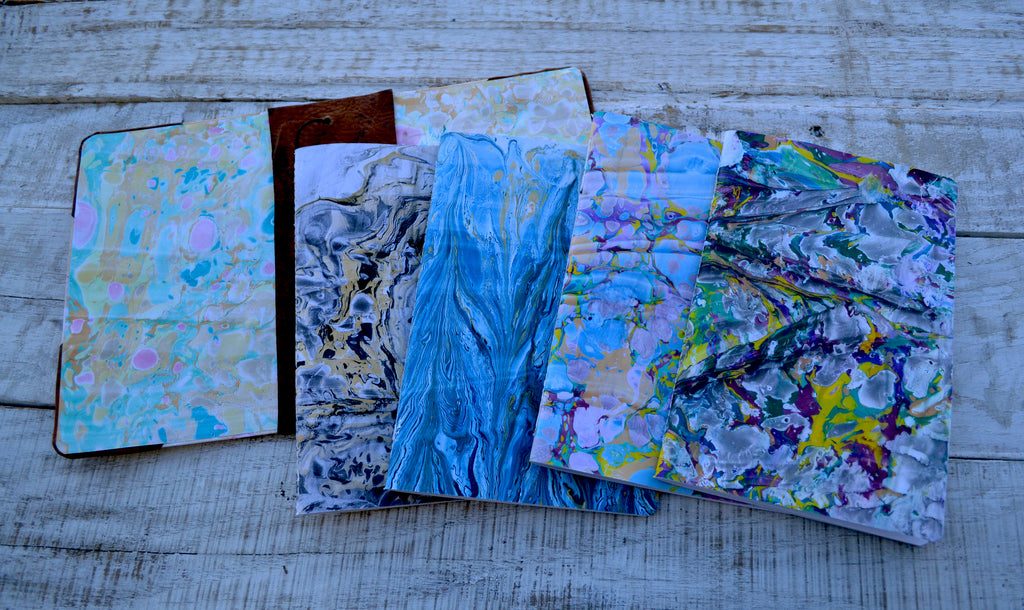 4 Hand-marbled notebooks with distressed leather bound - OakPo Paper Co.