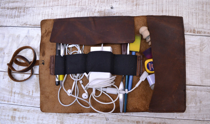 leather roll, distressed leather pencil case - OakPo Paper Co.