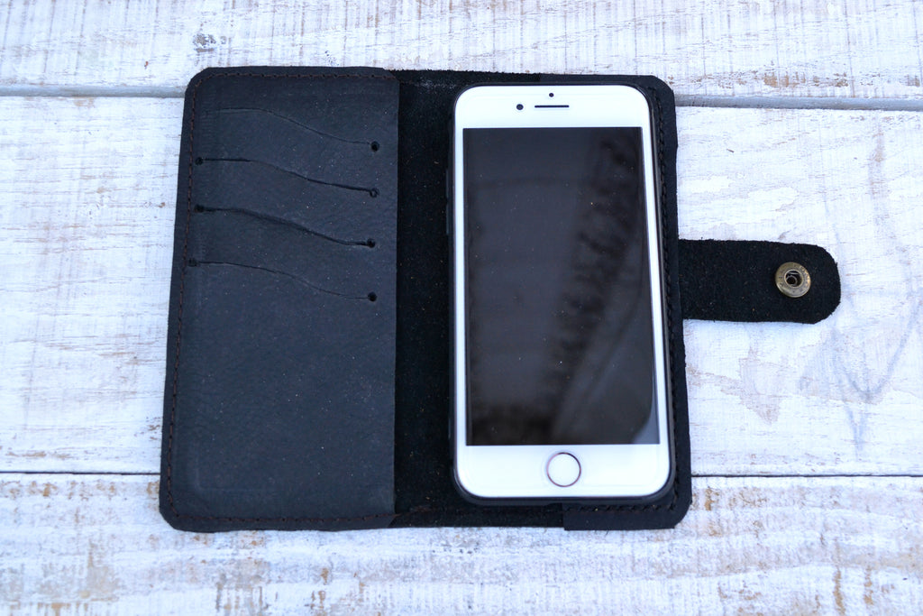 Black distressed Leather iPhone 8/7 Case, Wallet Case - OakPo Paper Co.