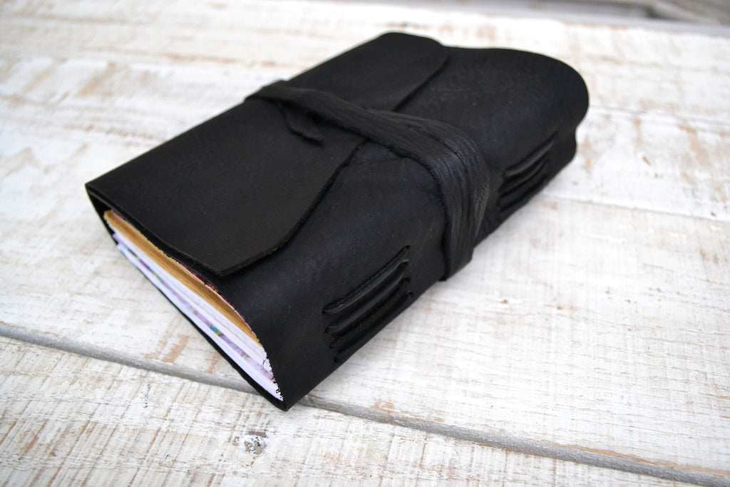 5x7 Leather Journal, Hand-Marbled cover notebooks, Black Distressed Leather Notebook. Pocket Leather Journal, Personalized - OakPo Paper Co.