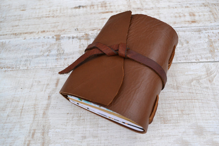 Recycled Brown Leather Journal, 5x6.5 Travel Journal, Refillable Notebook, Hand-Marbled Cover Notebook, Personalized Journal - OakPo Paper Co.