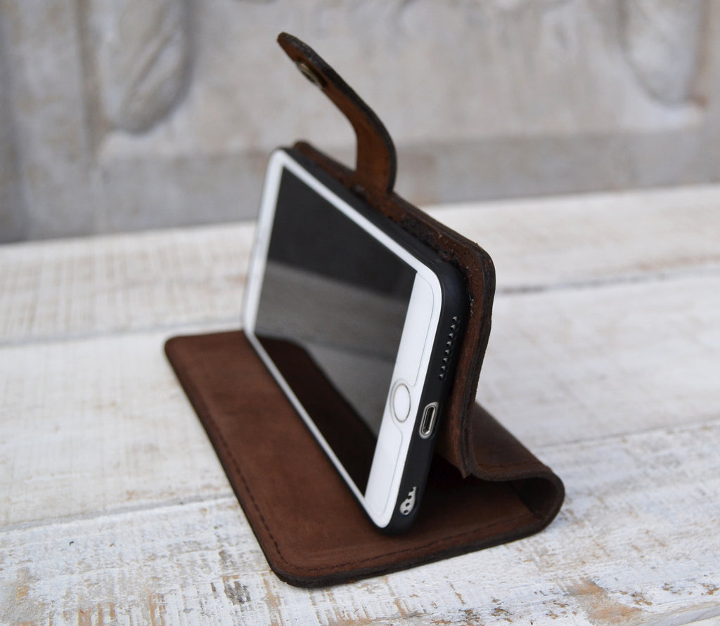 Dark Brown leather iPhone 6 plus Wallet Case - OakPo Paper Co.