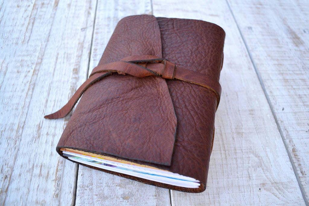 Mahogany Leather Journal, Hand-Marbled Cover Notebook, Personalized Journal - OakPo Paper Co.