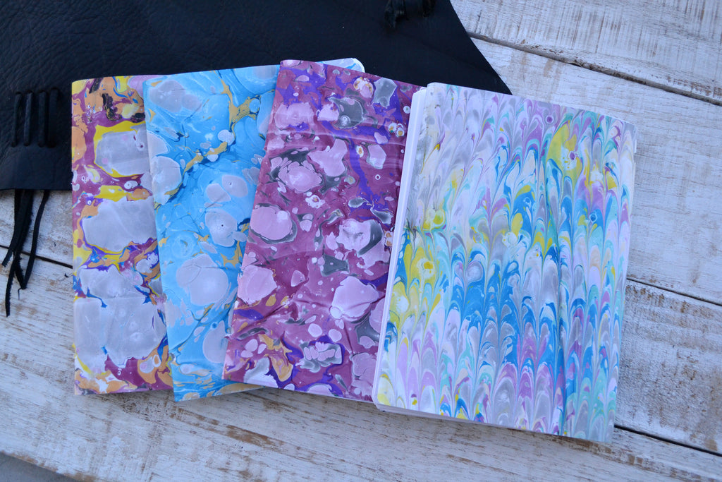 5.5x7.75 leather journal, 4 hand-marbled cover inserts. Refillable journal, Personalized notebook - OakPo Paper Co.