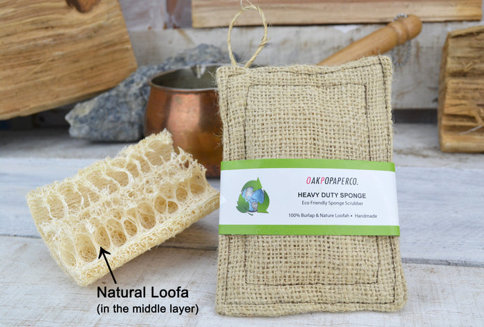 Reusable Natural Loofa Sponge, Kitchen Scrubber, Heavy Duty Luffa Gourd and Burlap - OakPo Paper Co.