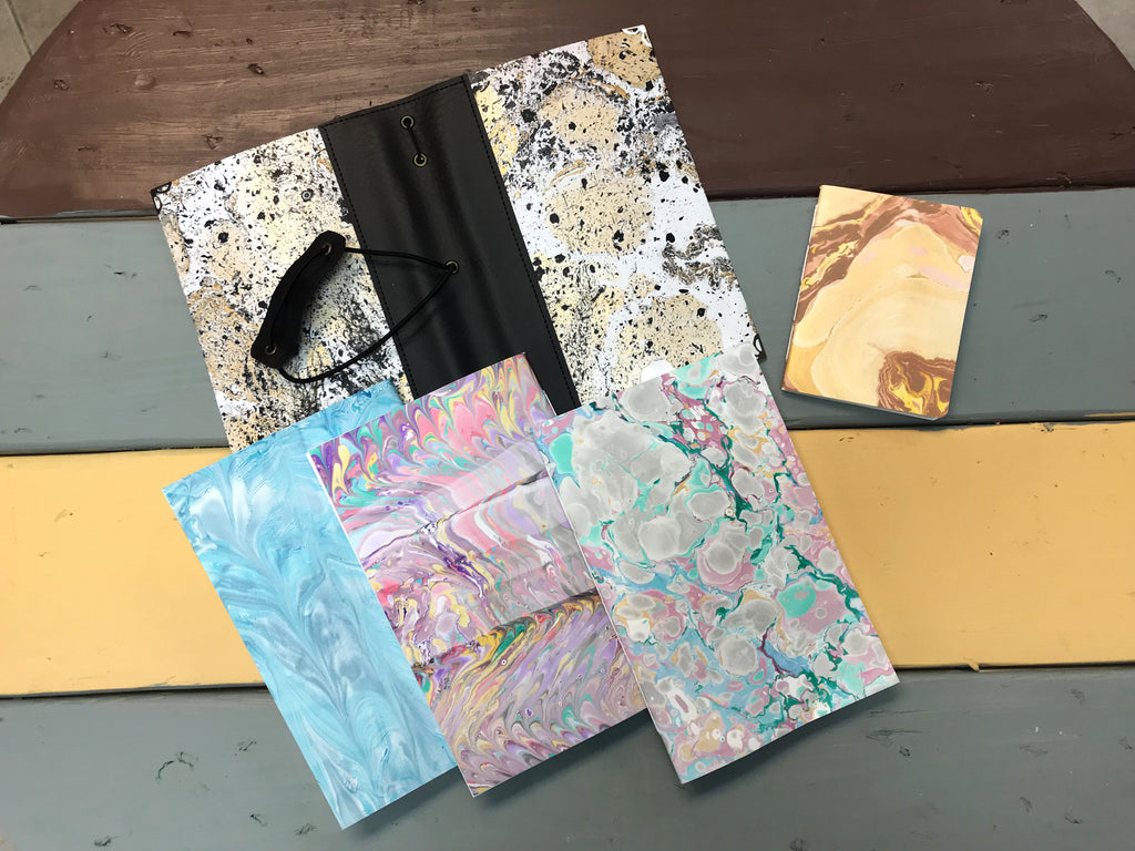 Hand marbled traveler's notebook. with 3 insert notebooks and 1 smaller passport notebook - OakPo Paper Co.