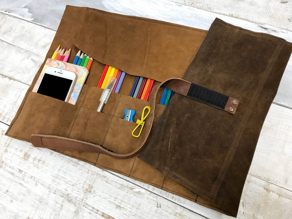 Leather Artist Roll with Zipper Pouch, Personalized Leather Pencil Roll