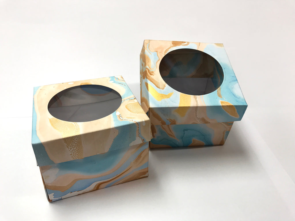 10 Marbled Porthole Gift Box Blue and Gold--3.45''x3.45''x2.75'' - OakPo Paper Co.