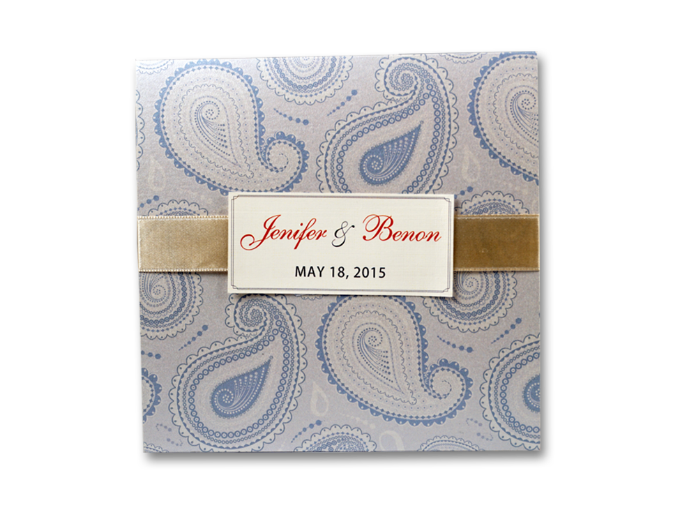 Paisley Blue Square Wedding Invitation Card # B5 - OakPo Paper Co.